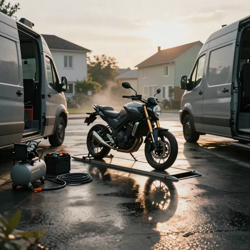 Atelier mobile noir et moto grise sur rampe, lumière du matin sur bitume mouillé.