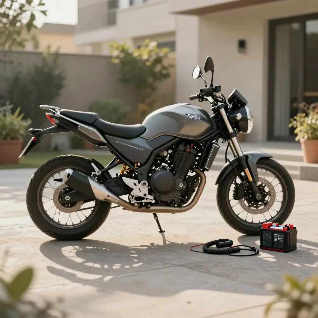Moto grise en diagnostic à domicile, batterie ouverte et boîtier de contrôle sur dalle en béton.