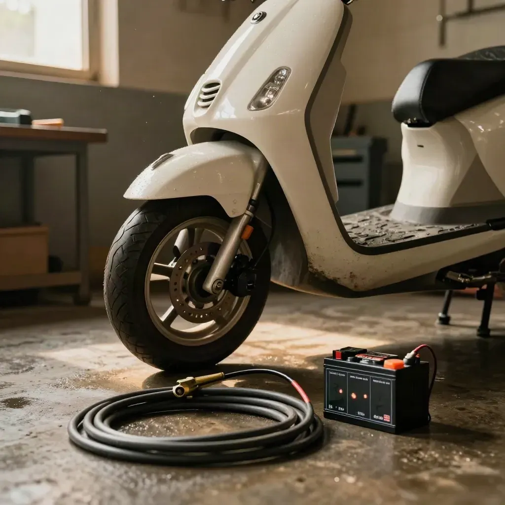 Scooter blanc en redémarrage, booster et batterie neuve sur sol humide, ambiance d’atelier chaleureuse.