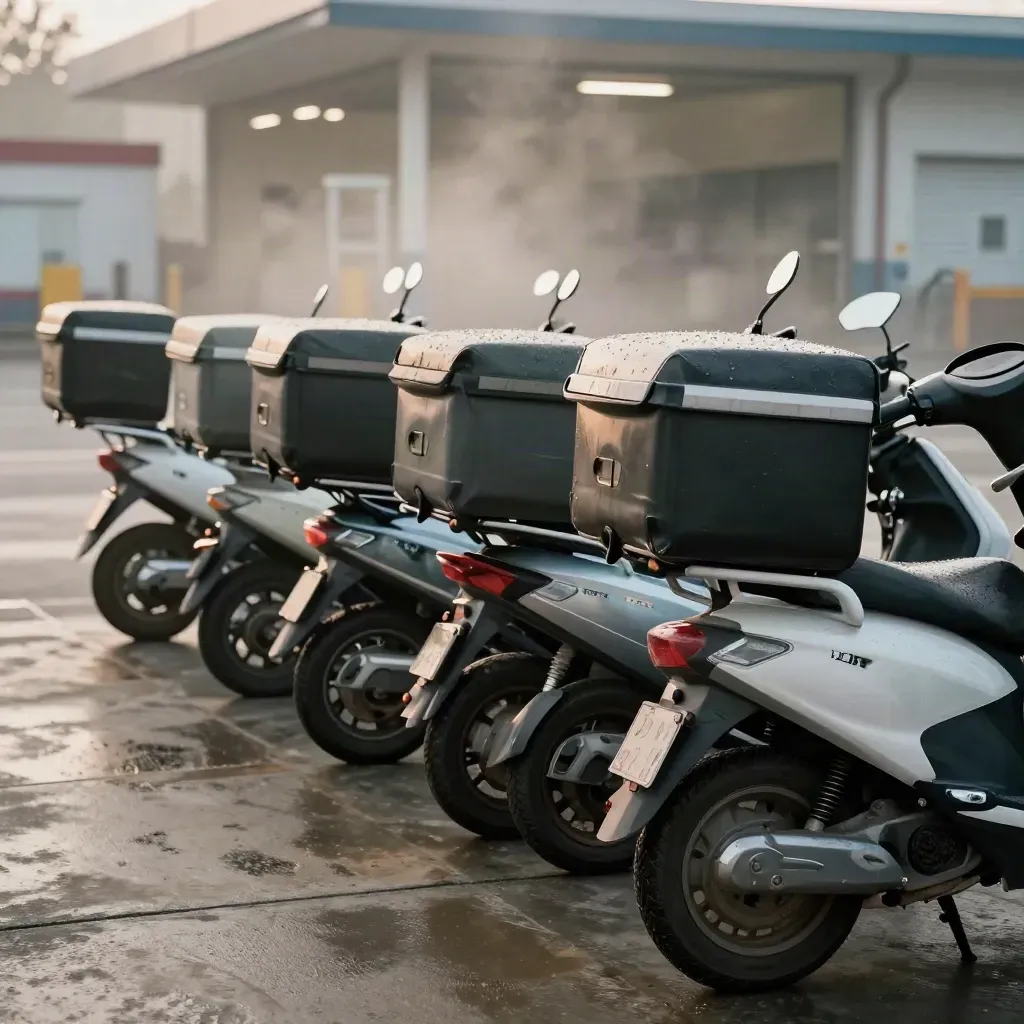 Six scooters de livraison alignés au dépôt avant l’aube, prêts à partir dans la brume.