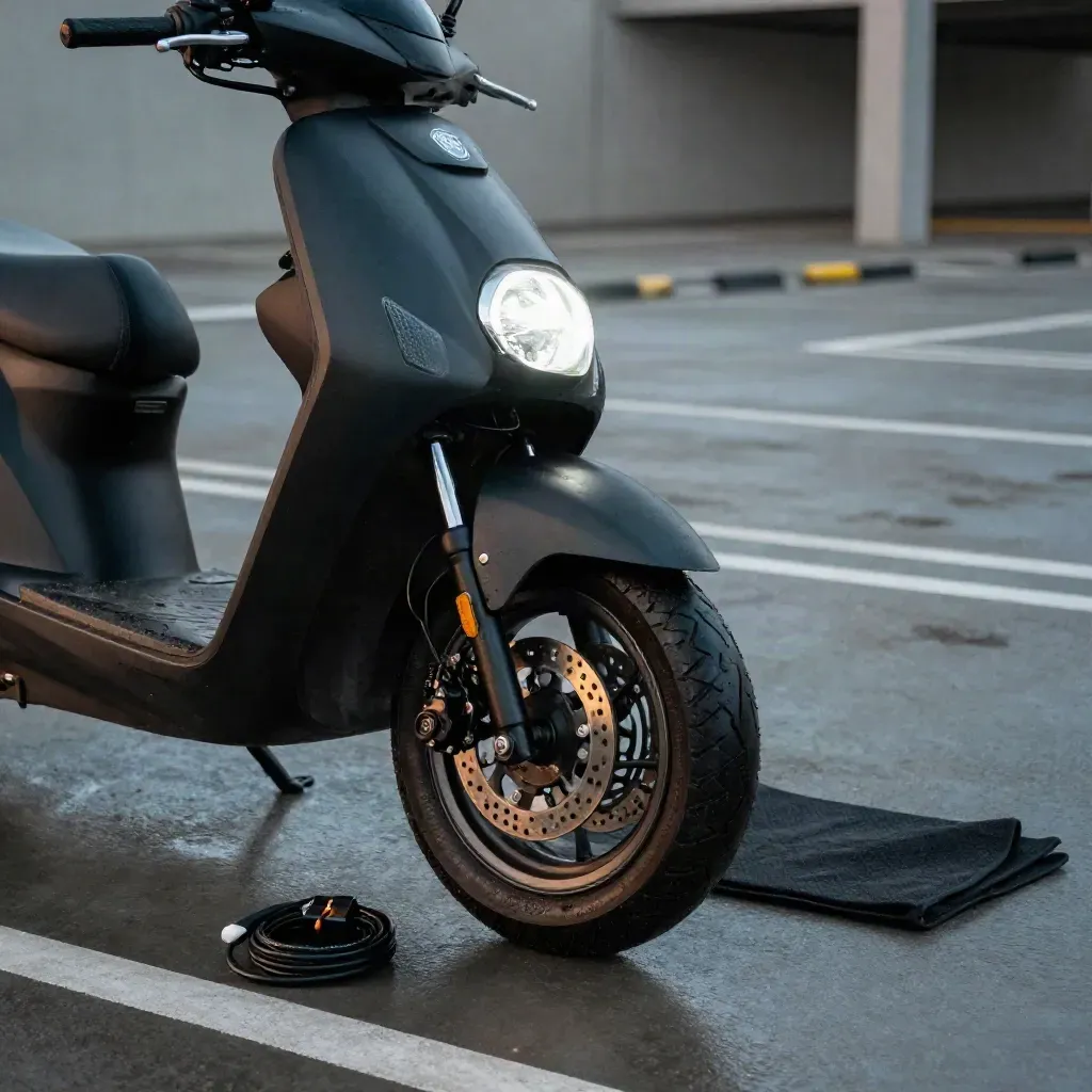 Moto redémarrée sur parking humide, phare allumé, batterie changée au client.