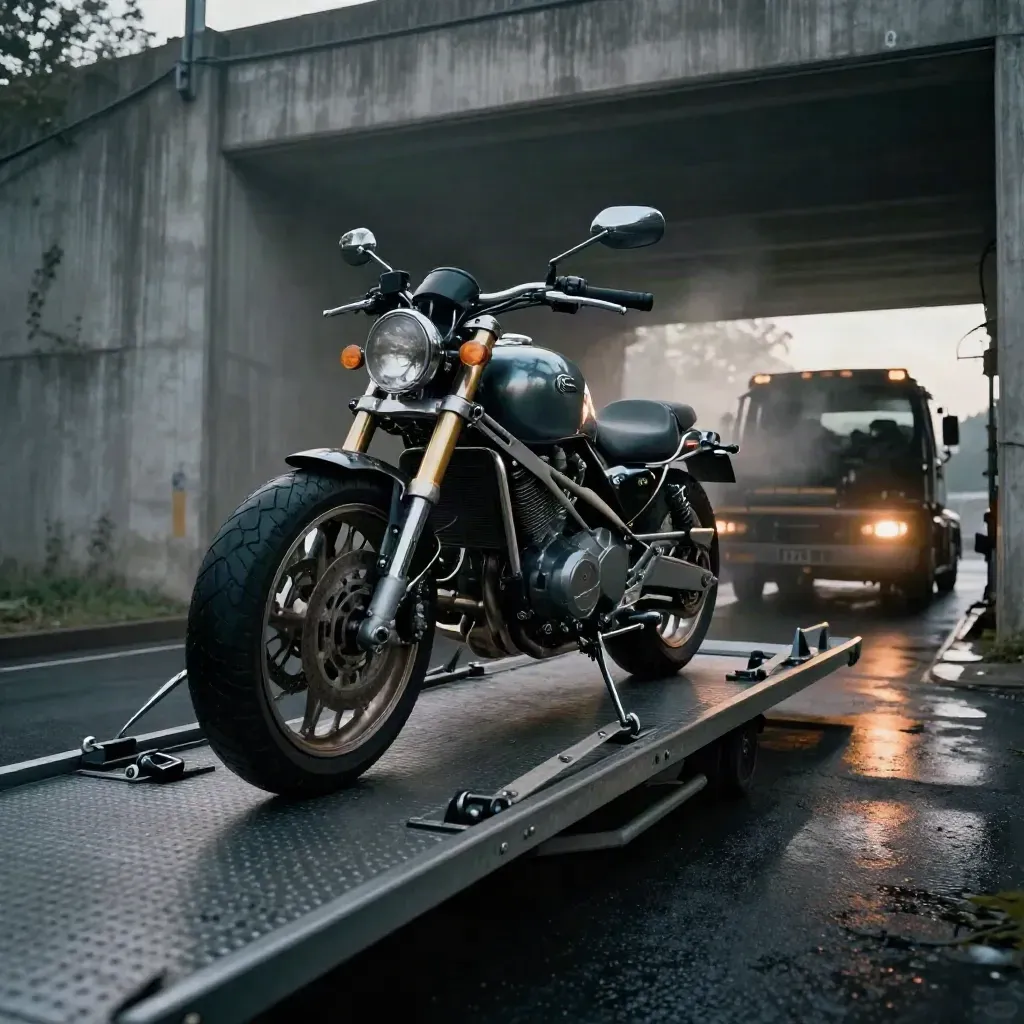 Motocyclette sanglée sur plateau au sortir d’un souterrain, lumière dramatique du soir.