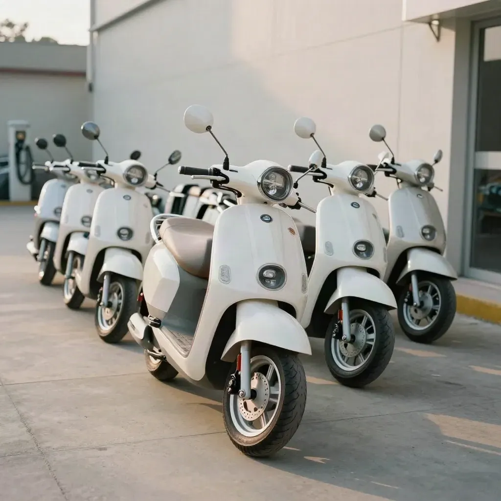 Rangée de scooters de flotte alignés, contrôle terminé, lumière du matin douce.