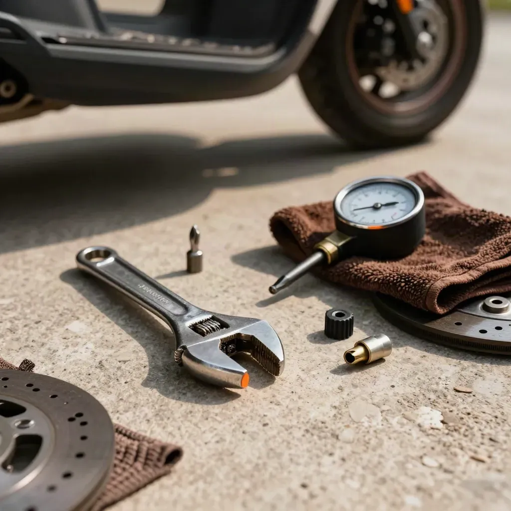 Outils de mécanique moto sur un tapis d’atelier, lumière rasante et traces d’huile.