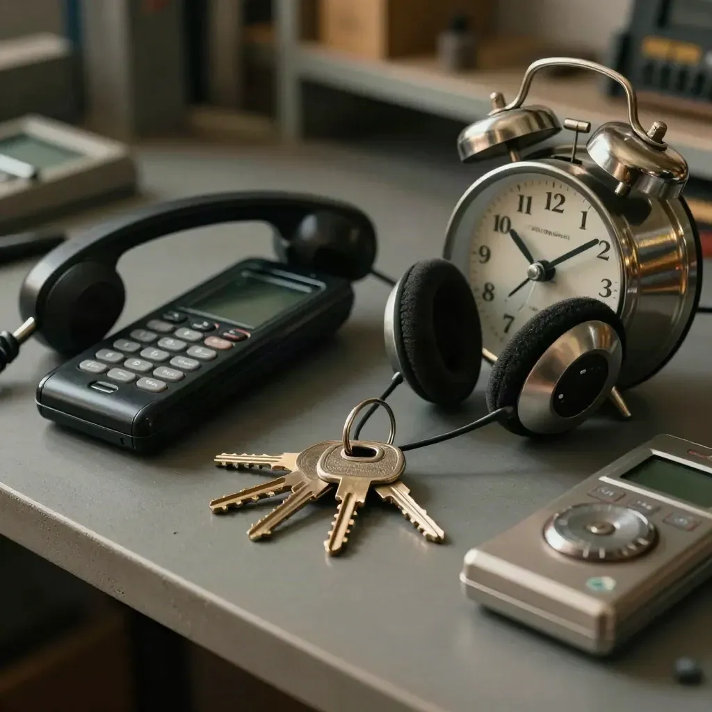 Gros plan d’un téléphone de service, d’un casque et de clés près d’un petit réveil métallique.