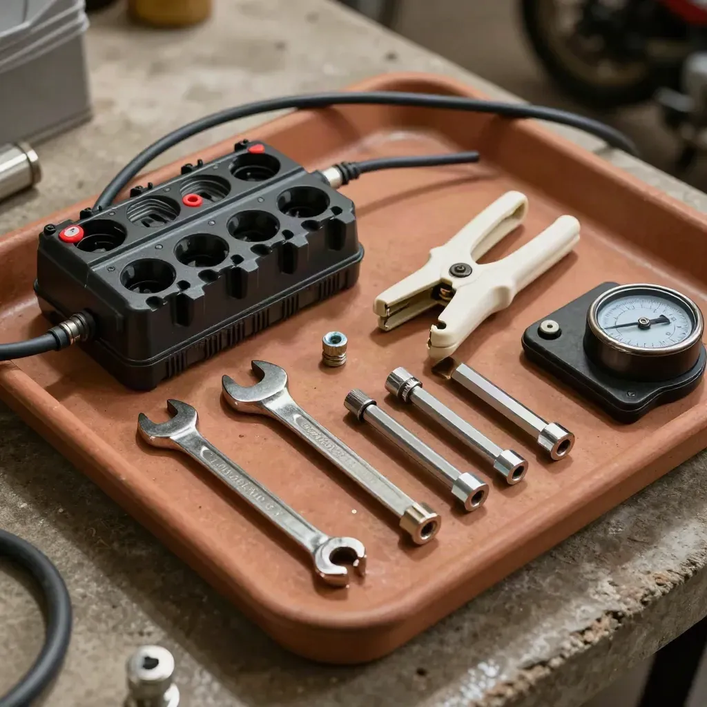 Outils de service moto alignés en gros plan sur une surface d’atelier en terre cuite.