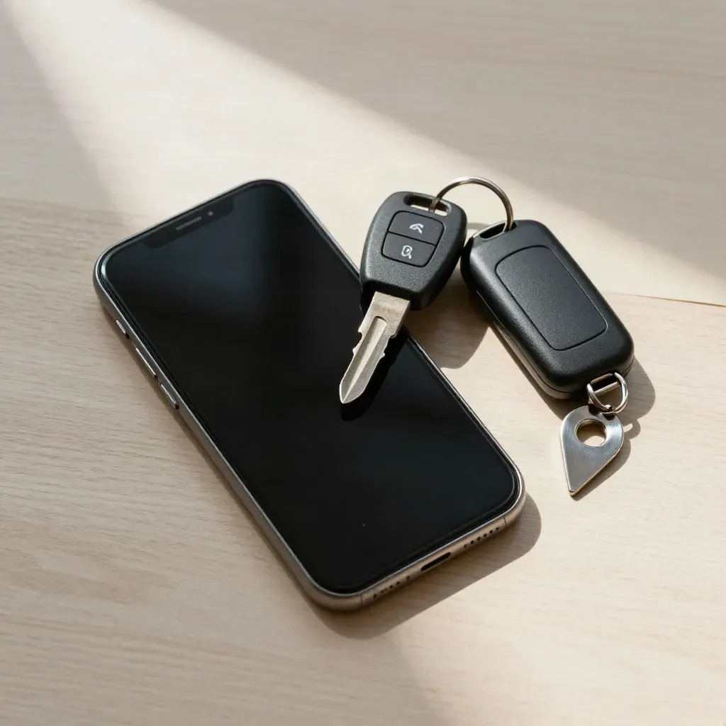Flatlay d’appel rapide avec smartphone noir, clé moto et repère de localisation sur bois clair.