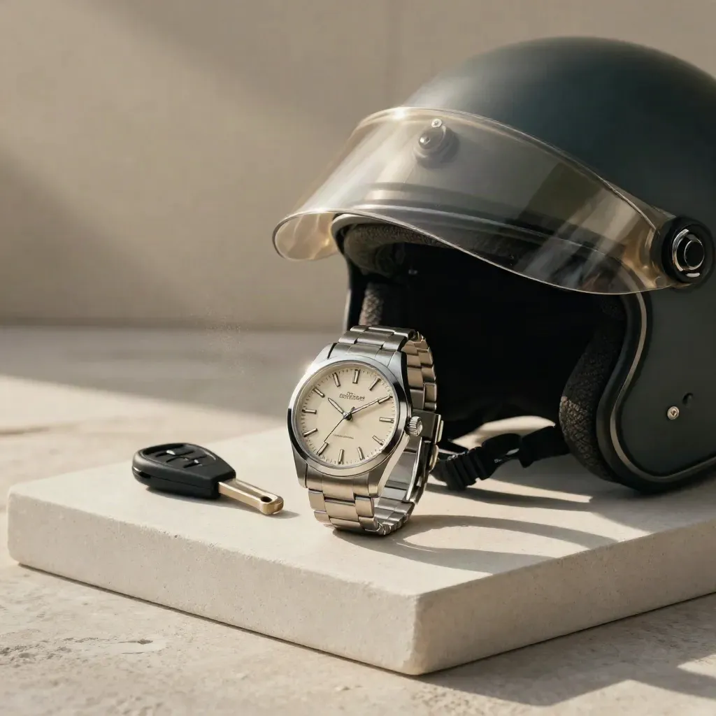 Montre, clé moto et casque intégral sur une surface claire, en lumière douce.