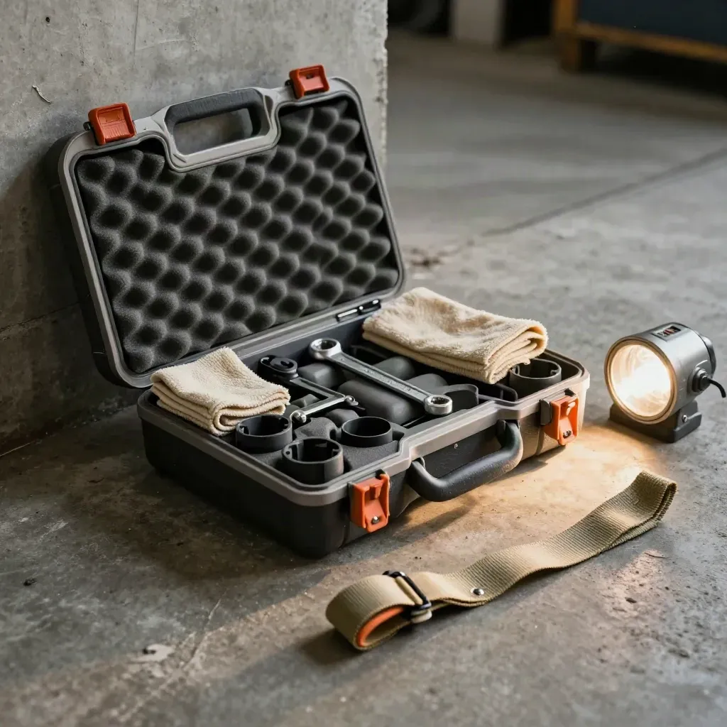 Caisse à outils ouverte, cric compact et sangle de remorquage sur béton, lumière douce.