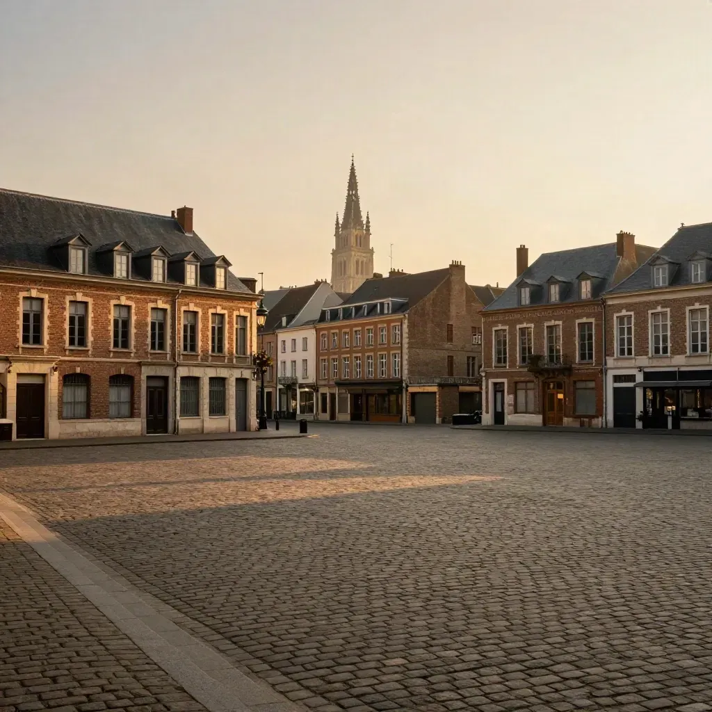 Place vide des Hauts-de-France au soleil couchant, briques chaudes et beffroi lointain dans la brume.
