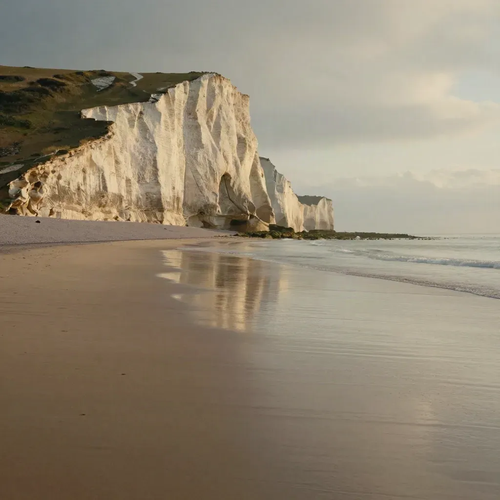 Falaises de craie en Normandie au-dessus d’une plage minérale sous un ciel bas.