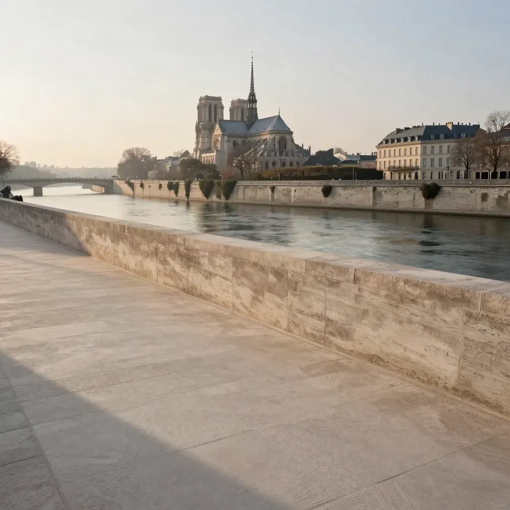Cathédrale lointaine, rivière calme et ville du Grand Est dans la brume matinale.