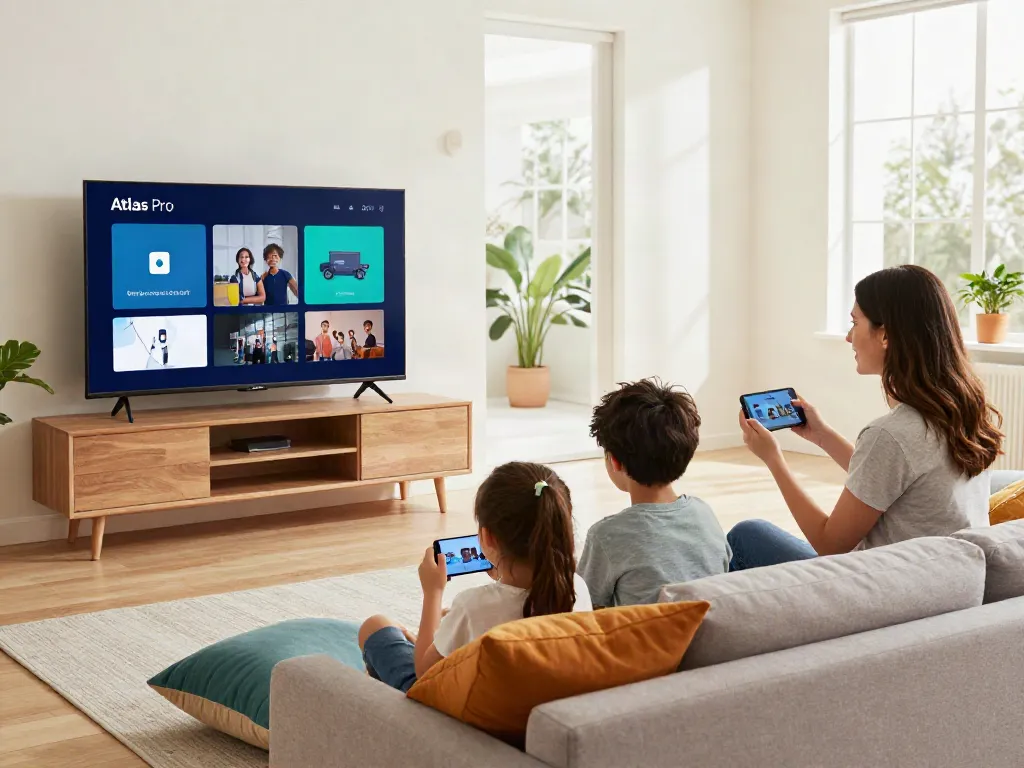 Famille utilisant l'application Atlas Pro ONTV pour regarder des films et des chaînes ensemble.