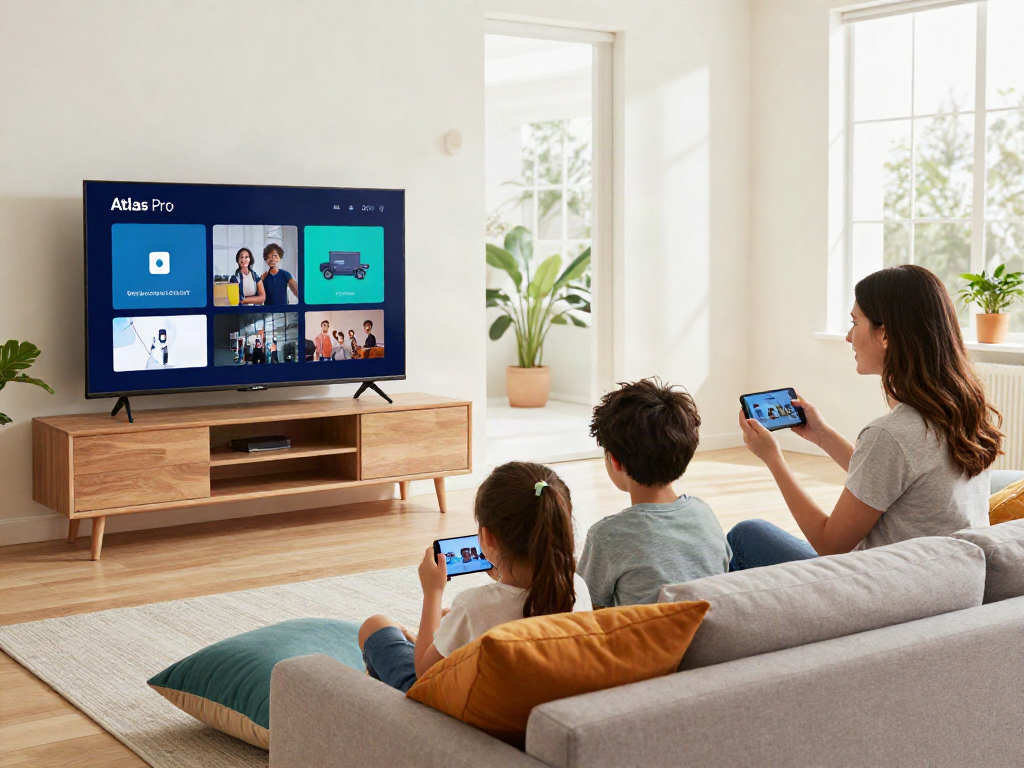 Famille utilisant l'application Atlas Pro ONTV pour regarder des films et des chaînes ensemble.